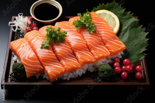 Salmon nigiri sushi on the black background. Generative AI