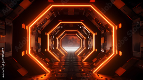 Orange neon light octagon futuristic tunnel with light reflections