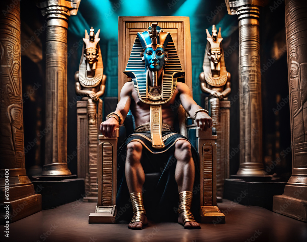 Ancient Pharaoh ruling Egypt from his golden throne - Digital art - obrazy, fototapety, plakaty 