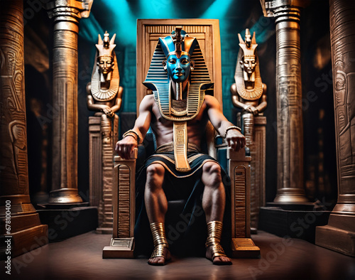 Ancient Pharaoh ruling Egypt from his golden throne - Digital art photo