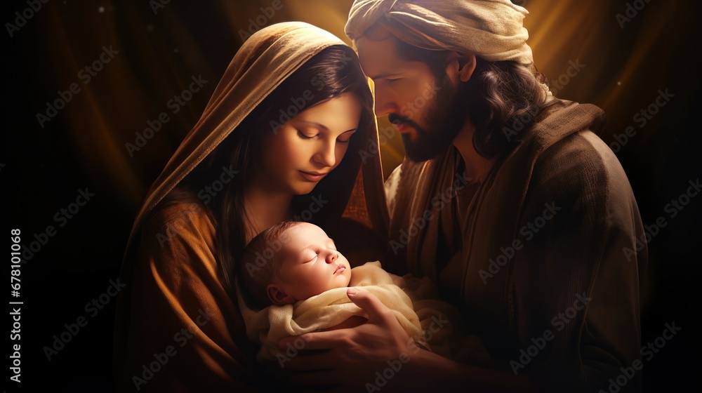 Holy family in divine light holds little newly born Jesus in arms in barn. Happy Holy Mary with Joseph holds born Jesus in arms in divine light in barn. Happy news about birth of Jesus in divine light - obrazy, fototapety, plakaty 