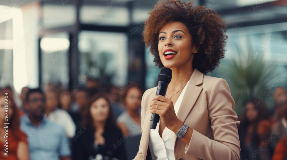 Black afro American businesswoman delivering a powerful keynote address at a conference standing on stage with confidence addressing a diverse audience with her insights in the business world - obrazy, fototapety, plakaty 