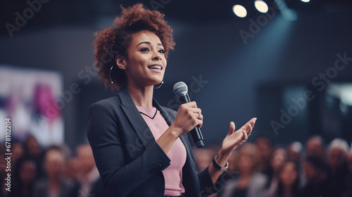 Black afro American businesswoman delivering a powerful keynote address at a conference standing on stage with confidence addressing a diverse audience with her insights in the business world