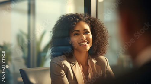 Black afro American businesswoman negotiating a high-stakes deal in a modern meeting room, Her calm demeanor and sharp negotiation skills are evident as she navigates complex discussions