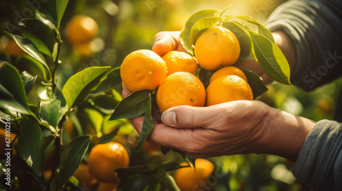 Obraz na plátně Close-up of old farmer man hands picking orange fruits