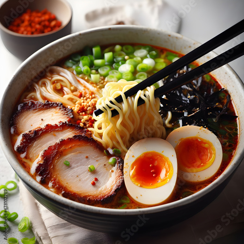 Japanese ramen noodles recipe. Ramen noodles restaurant menu. Asian noodles with chashu pork belly, beef, meat, egg on top.  Chashu pork belly ramen. Chinese noodle soup with egg. Soba noodles soup.