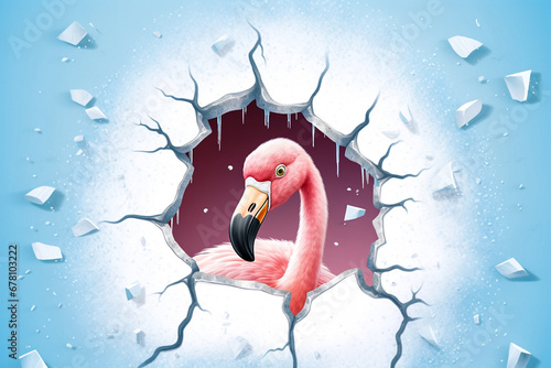 Peek a Boo winter theme,  Flamingo bird Peeking from hole in white cold frozen ice photo