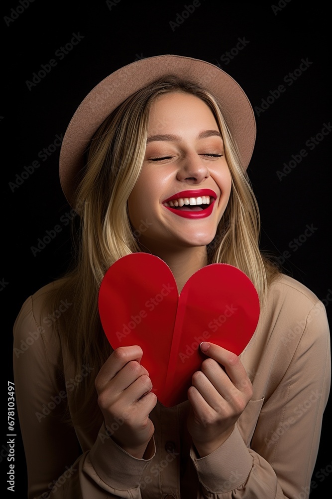 Portrait of a happy woman with red heart.Valentine's Day Concept Portrait of a happy woman with red heart.Valentine's Day Concept