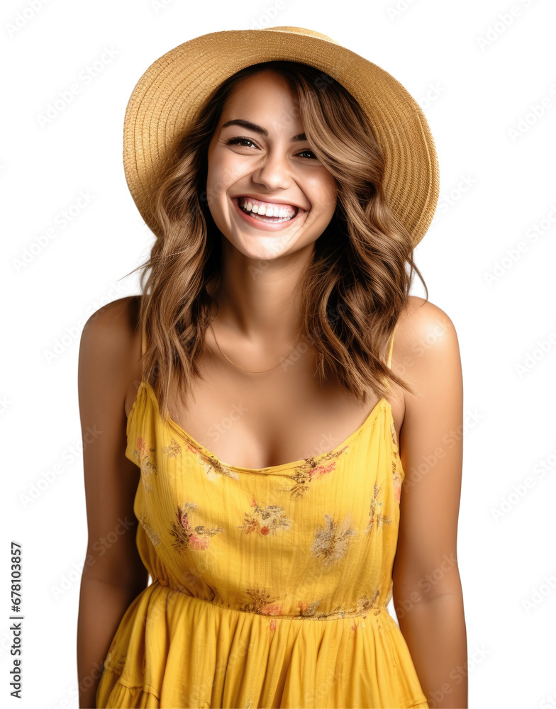 A beautiful woman in summer dress is smiling happily on PNG transparent background. Summer travel concept. A beautiful woman in summer dress is smiling happily on PNG transparent background. Summer travel concept.
