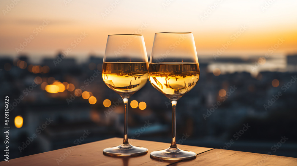 Two glasses of white wine on a terrace overlooking
