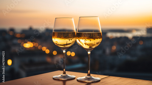 Two glasses of white wine on a terrace overlooking © Mishab