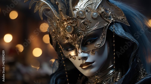 Elegant Venetian masks in golden hues with intricate details, creating a mysterious and opulent ambiance. © Juan