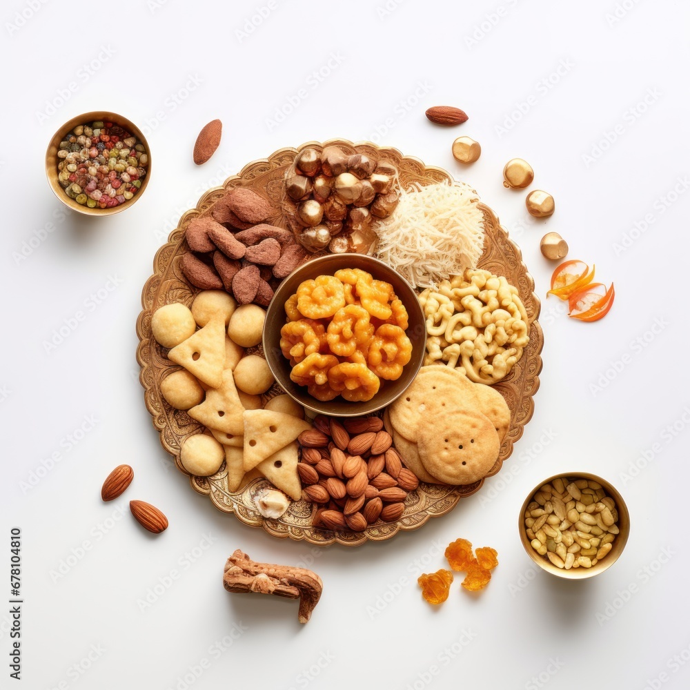Indian sweets and snack in plate on white background Indian sweets and snack in plate on white background