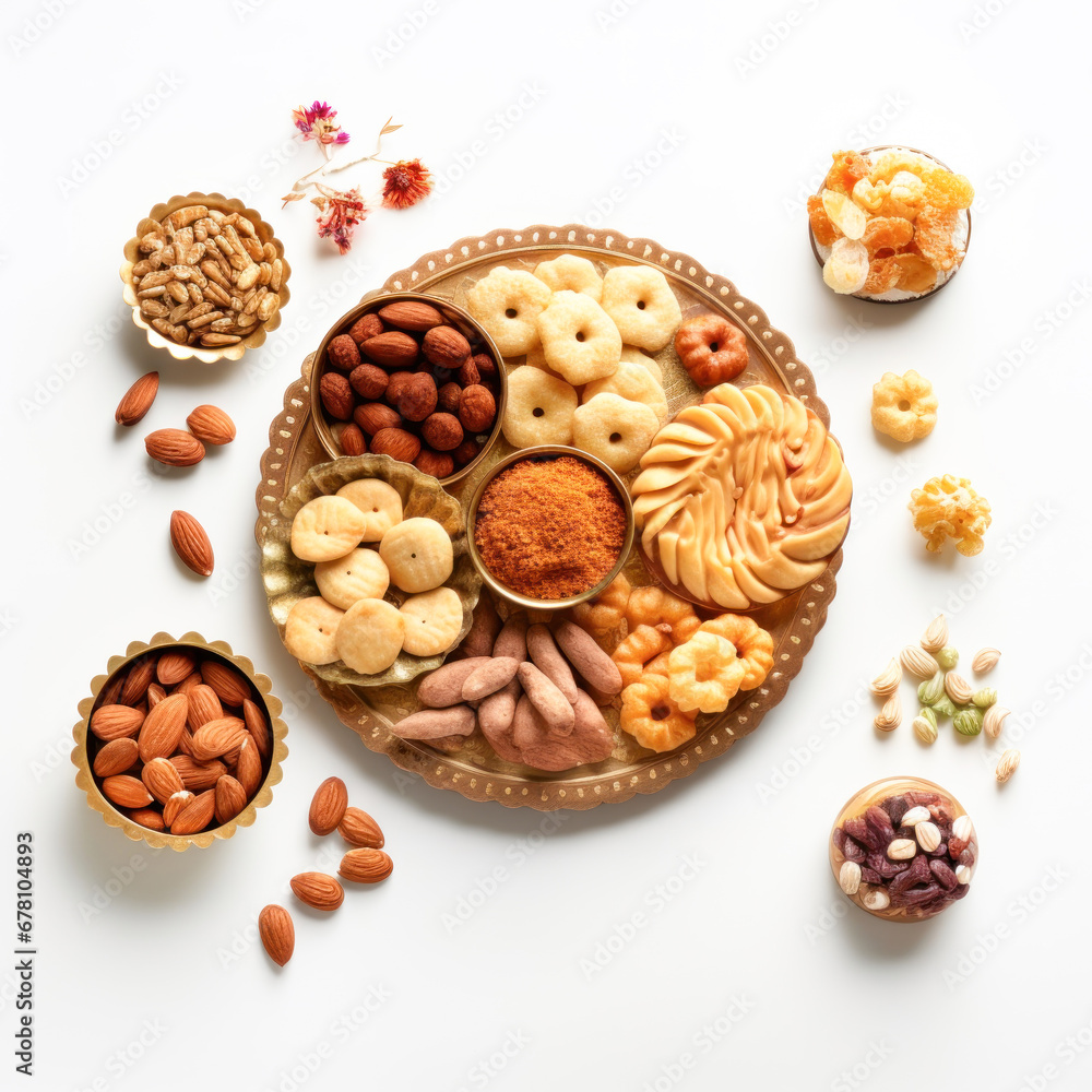 Indian sweets and snack in plate on white background Indian sweets and snack in plate on white background