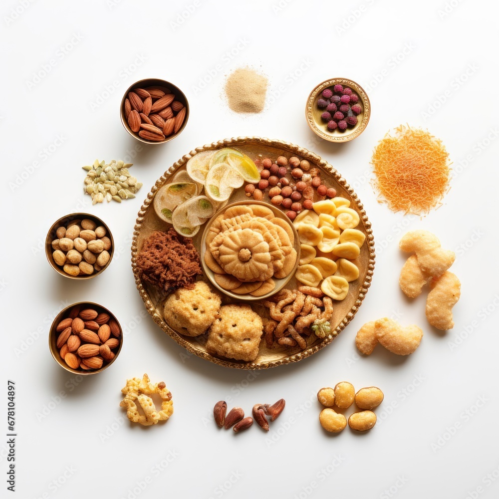Indian sweets and snack in plate on white background Indian sweets and snack in plate on white background
