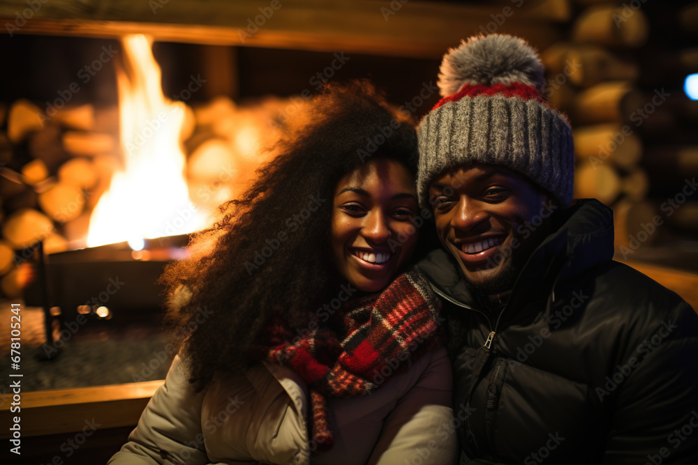 Happy young black couple hugging near fireplace in winter forest cabin