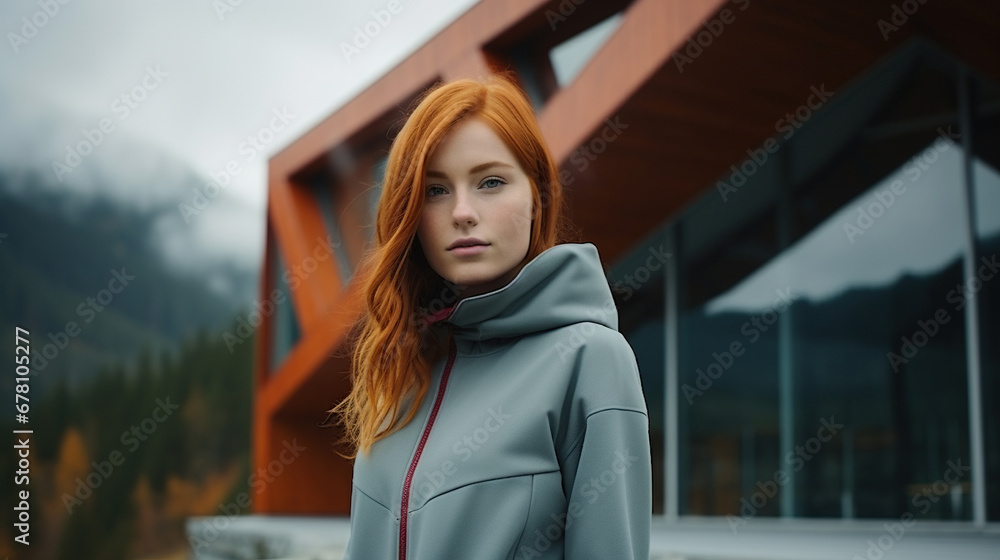 Woman with ginger hairs in thoughtful pose near architectural cabin, dark sky