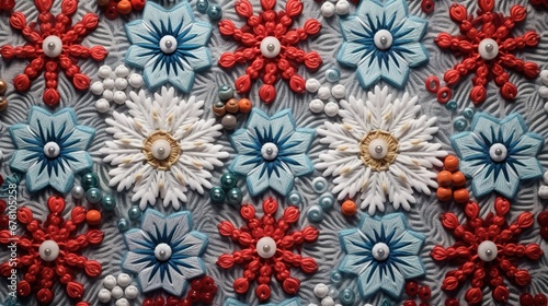 Vibrant embroidery of Christmas floral designs showcasing detailed stitch work photo
