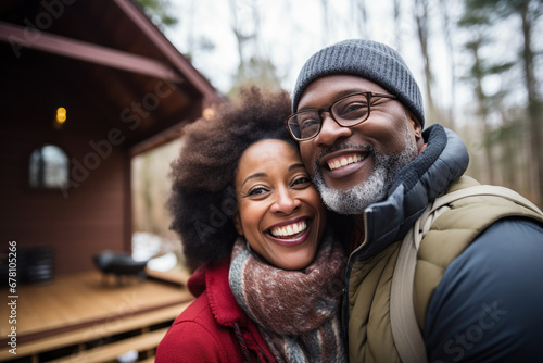 Smiling black couple in winter clothes in front of cabin in holiday season