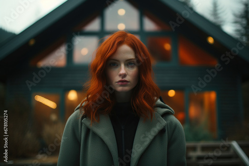 Woman with ginger hairs in thoughtful pose near architectural cabin, dark sky