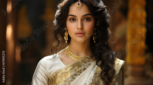 Beautiful indian woman in traditional saree and jewelery