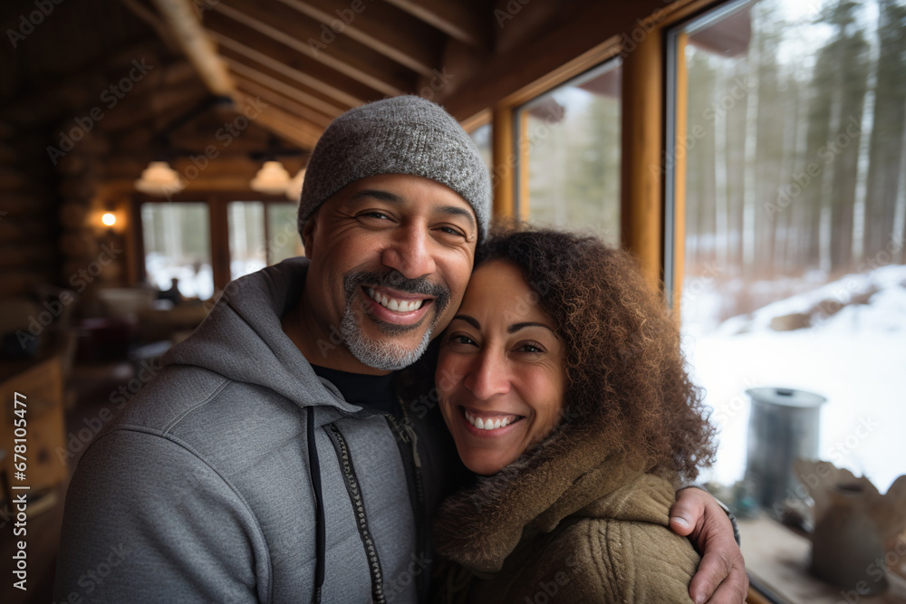 Warm dressed mixed race couple enjoys winter day outside cozy log cabin Warm dressed mixed race couple enjoys winter day outside cozy log cabin