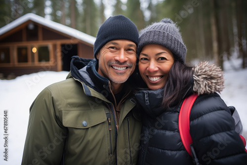 Warm dressed mixed race couple enjoys winter day outside cozy log cabin