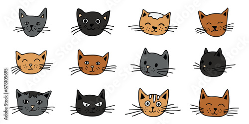 Hand drawn cat muzzle clipart. Cute pet face doodle set