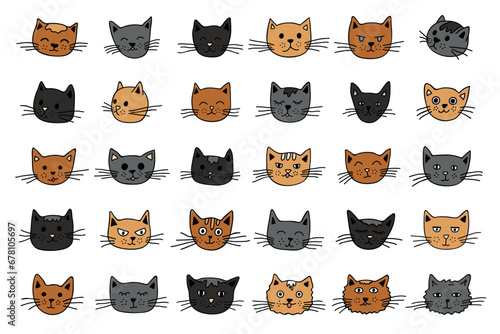 Hand drawn cat muzzle clipart. Cute pet face doodle set