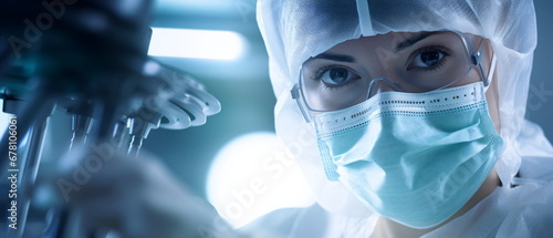 Close-up image of a woman researcher in a protective mask working in a laboratory of a research institute. Creation of innovative medicines and vaccines. Generative ai