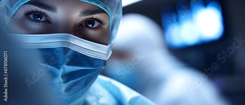 Close-up image of a woman researcher in a protective mask working in a laboratory of a research institute. Creation of innovative medicines and vaccines. Generative ai photo