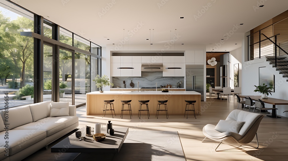 A modern minimalist home interior design with clean lines, sleek furniture, and neutral color palette, featuring an open-concept living space connected to a spacious kitchen, bathed in natural light A modern minimalist home interior design with clean lines, sleek furniture, and neutral color palette, featuring an open-concept living space connected to a spacious kitchen, bathed in natural light