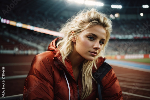 Portrait of a serious girl, a young confident American athlete at an outdoor stadium, looking into the camera. training for the Olympic Games