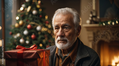  A sad Old grandfather received a gift from the children on New Year's Day. Christmas of a lonely elderly man. Myrealholiday, My real holiday photo