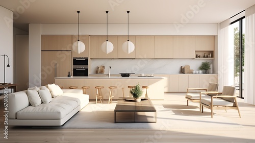 A modern minimalist home interior design with clean lines, sleek furniture, and neutral color palette, featuring an open-concept living space connected to a spacious kitchen, bathed in natural light 