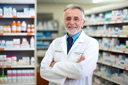 Male Caucasian pharmacist stands in medical robe smiling in pharmacy shop full of medicines. Smiling mature pharmacist with beard in bathrobe over classic suit stands in pharmacy photo