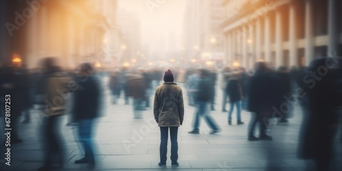 Lonely person stands in the centre of rushing people. Long exposure. Mental health issue concept. Fast living photo