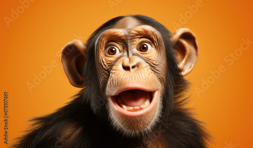 Portrait of a Chimpanzee showing his teeth. Open mouth. Orange background © Ruslan Gilmanshin