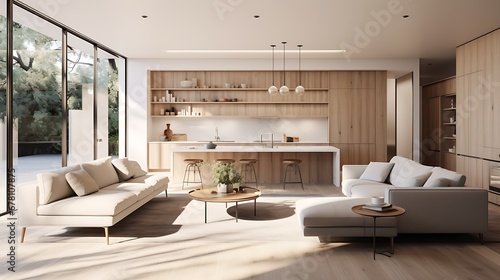 A modern minimalist home interior design with clean lines, sleek furniture, and neutral color palette, featuring an open-concept living space connected to a spacious kitchen, bathed in natural light  © Alin