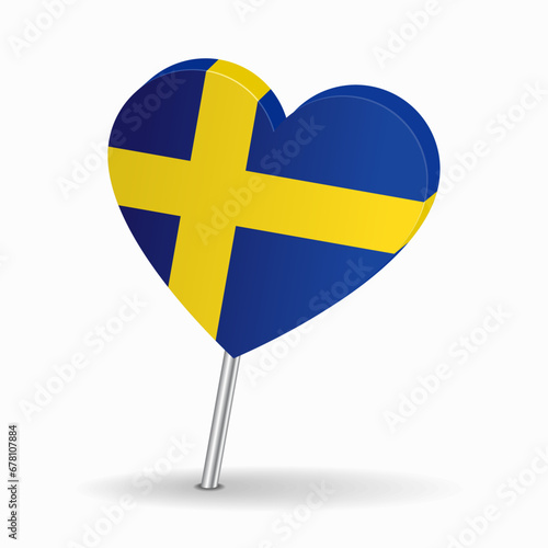Swedish flag heart-shaped map pointer layout. Vector illustration.
