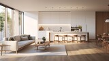 A modern minimalist home interior design with clean lines, sleek furniture, and neutral color palette, featuring an open-concept living space connected to a spacious kitchen, bathed in natural light 