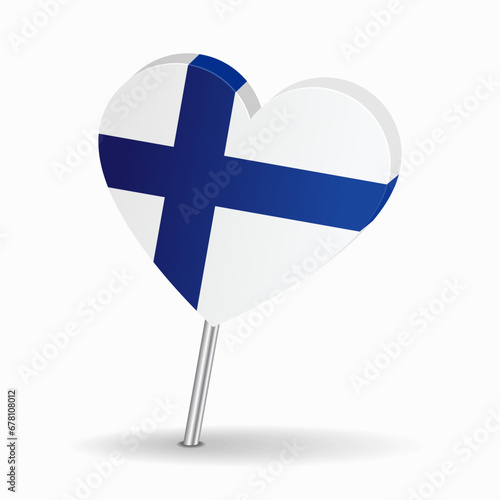 Finnish flag heart-shaped map pointer layout. Vector illustration.