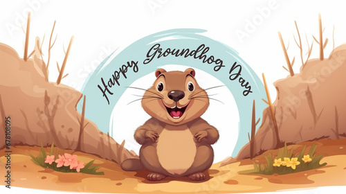 the funny cartoon groundhog is in a hole with text "happy groundhog day", in the style of screenshot, blue sky, clouds,  expressive gestures