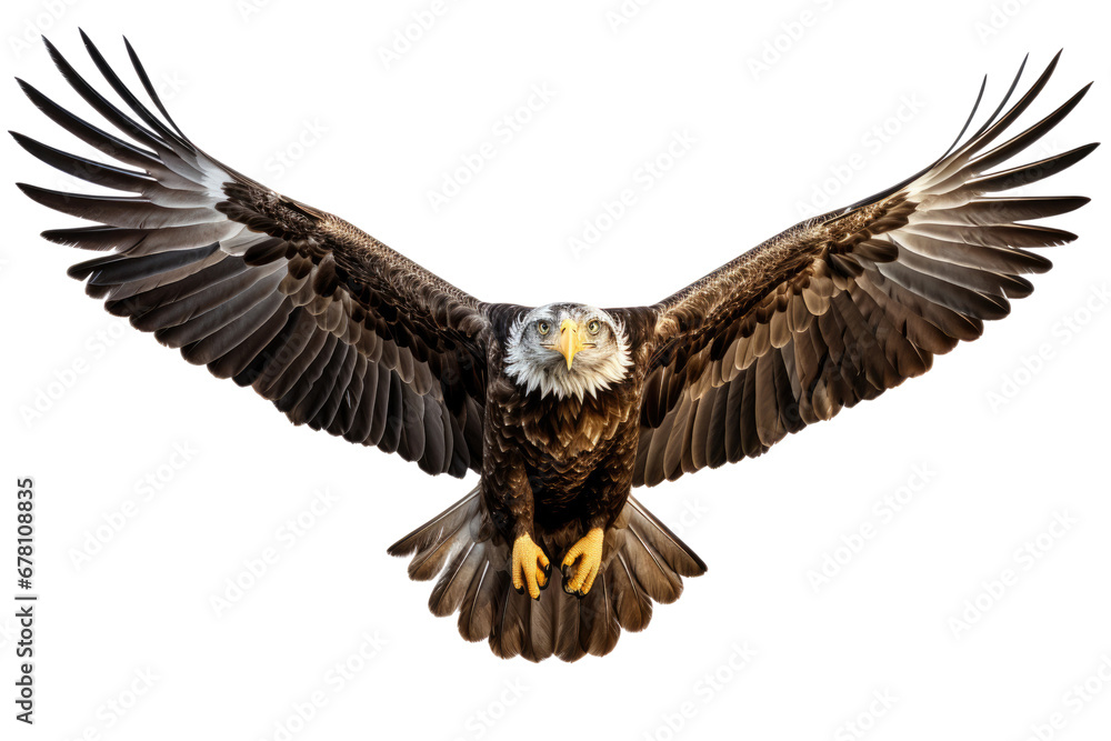 Fototapeta premium Bald eagle in flight on transparent background, PNG file