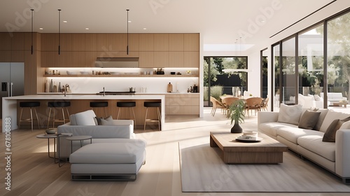 A modern minimalist home interior design with clean lines  sleek furniture  and neutral color palette  featuring an open-concept living space connected to a spacious kitchen  bathed in natural light 