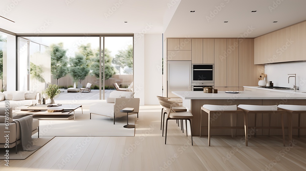 A modern minimalist home interior design with clean lines, sleek furniture, and neutral color palette, featuring an open-concept living space connected to a spacious kitchen, bathed in natural light A modern minimalist home interior design with clean lines, sleek furniture, and neutral color palette, featuring an open-concept living space connected to a spacious kitchen, bathed in natural light