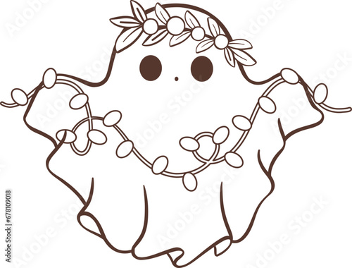 Christmas Ghost Outline, Kawaii cartoon hand drawing