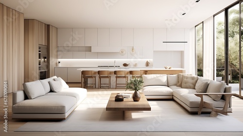 A modern minimalist home interior design with clean lines  sleek furniture  and neutral color palette  featuring an open-concept living space connected to a spacious kitchen  bathed in natural light 