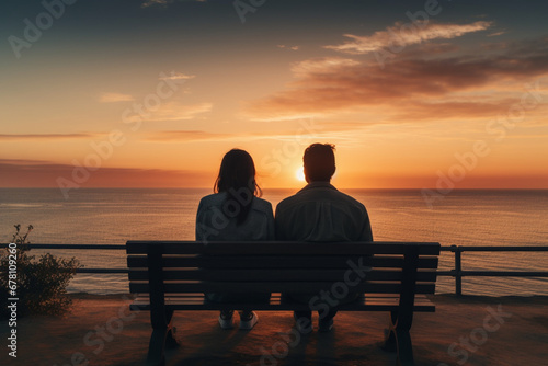 Rear back lit view of unrecognizable young couple sitting on a bench watching sunset over ocean, aesthetic look