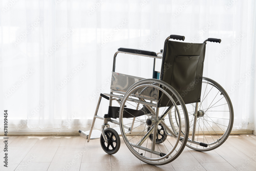 Wheelchair in hospital room. hospital, health care, people and quarantine concept
